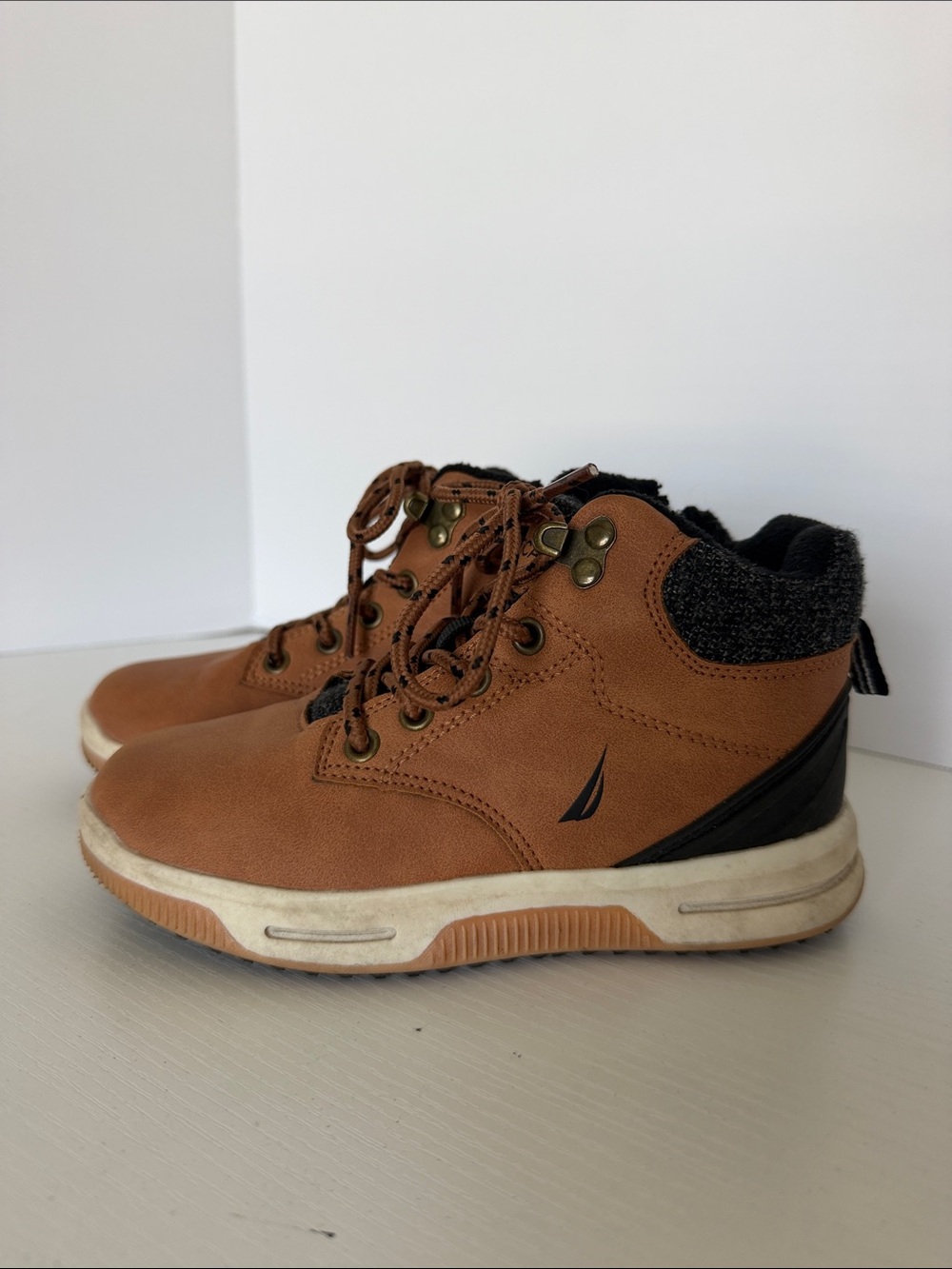 Nautica Tan Kids Lace-Up Ankle Boots with Black Knit Collar